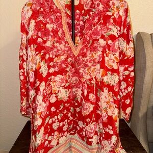 Amaya Red and Pink Embroidered Floral V-Neck Tunic